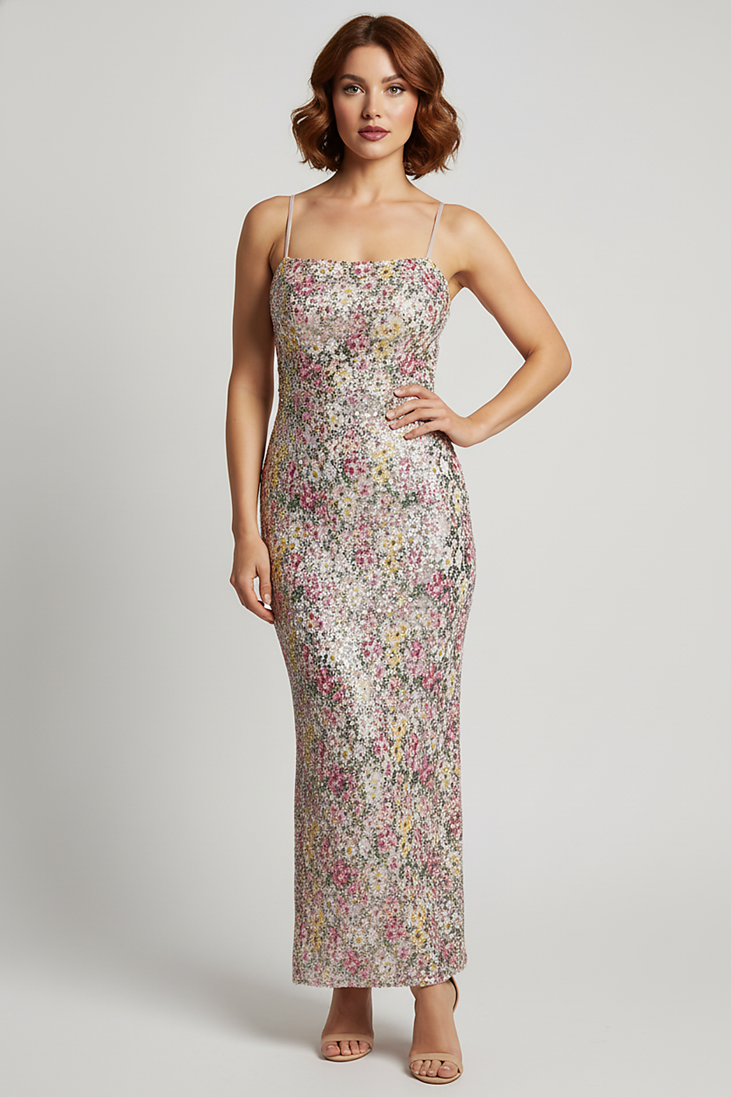 Strapless floral sequin patchwork long vestido, front view on model.
