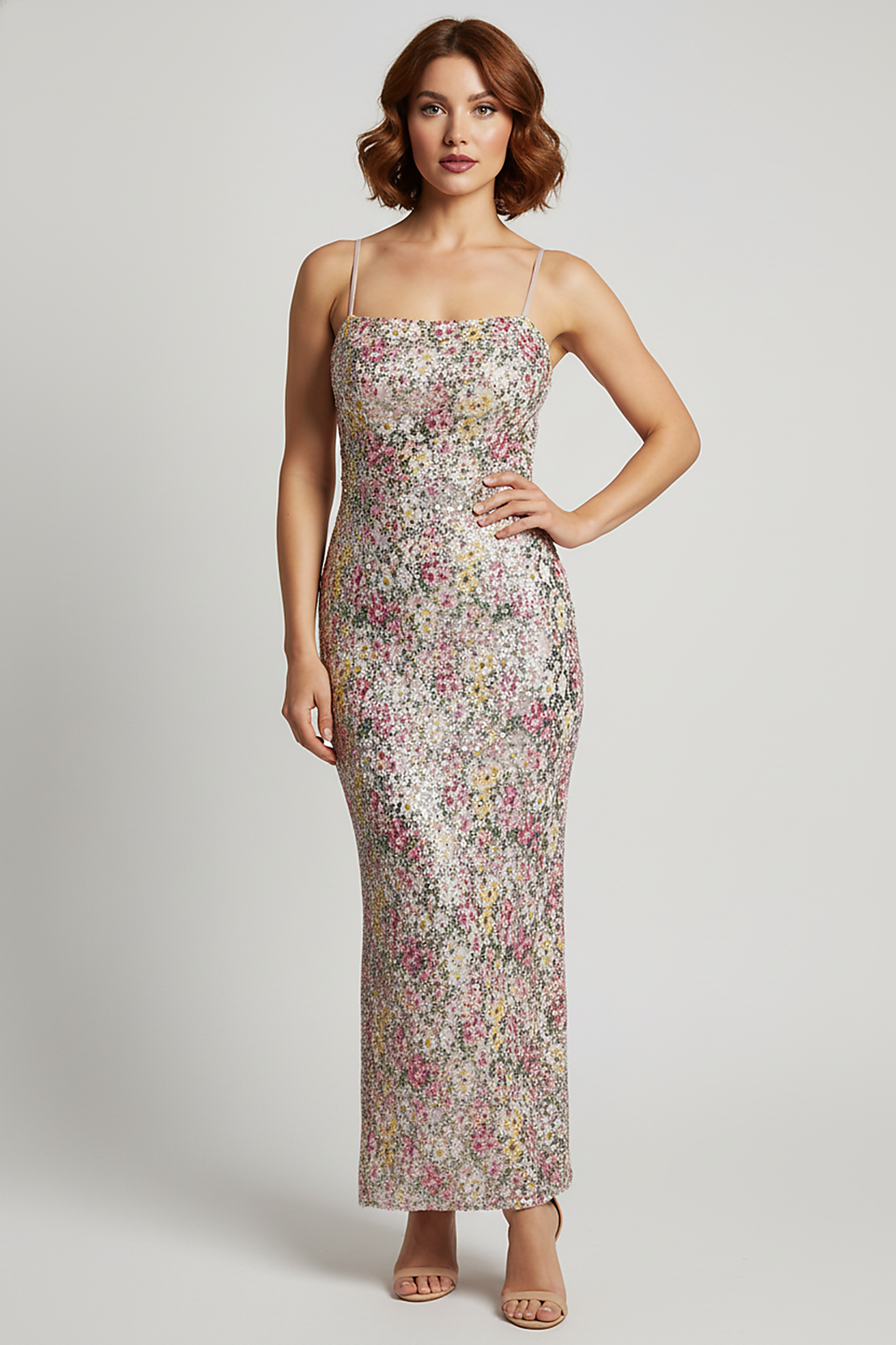 Strapless floral sequin patchwork long vestido, front view on model.