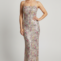 Strapless floral sequin patchwork maxi dress, full length view on model.