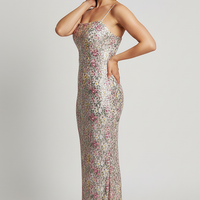 Strapless patchwork slim long dress, full length view on model.