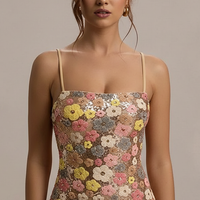 Strapless sequin patchwork maxi dress, full length view on model.