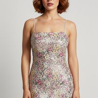 Strapless floral sequin patchwork maxi dress, full length view on model.