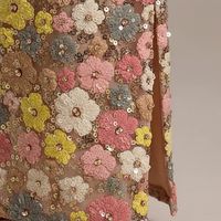 Strapless floral sequin patchwork long vestido, full length view on model.