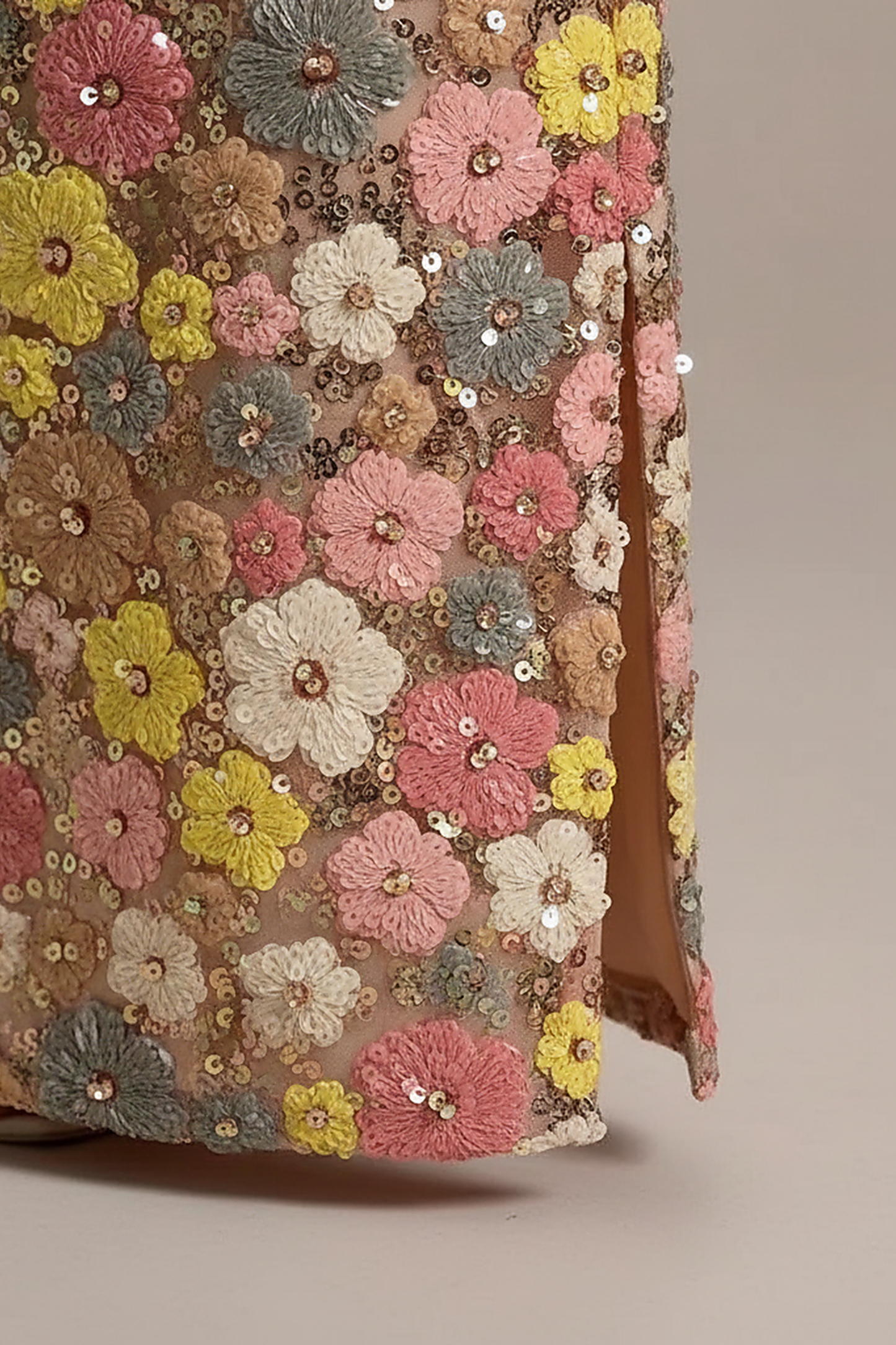 Strapless floral sequin patchwork long vestido, full length view on model.