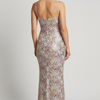 Strapless floral sequin patchwork maxi dress, full length view on model.