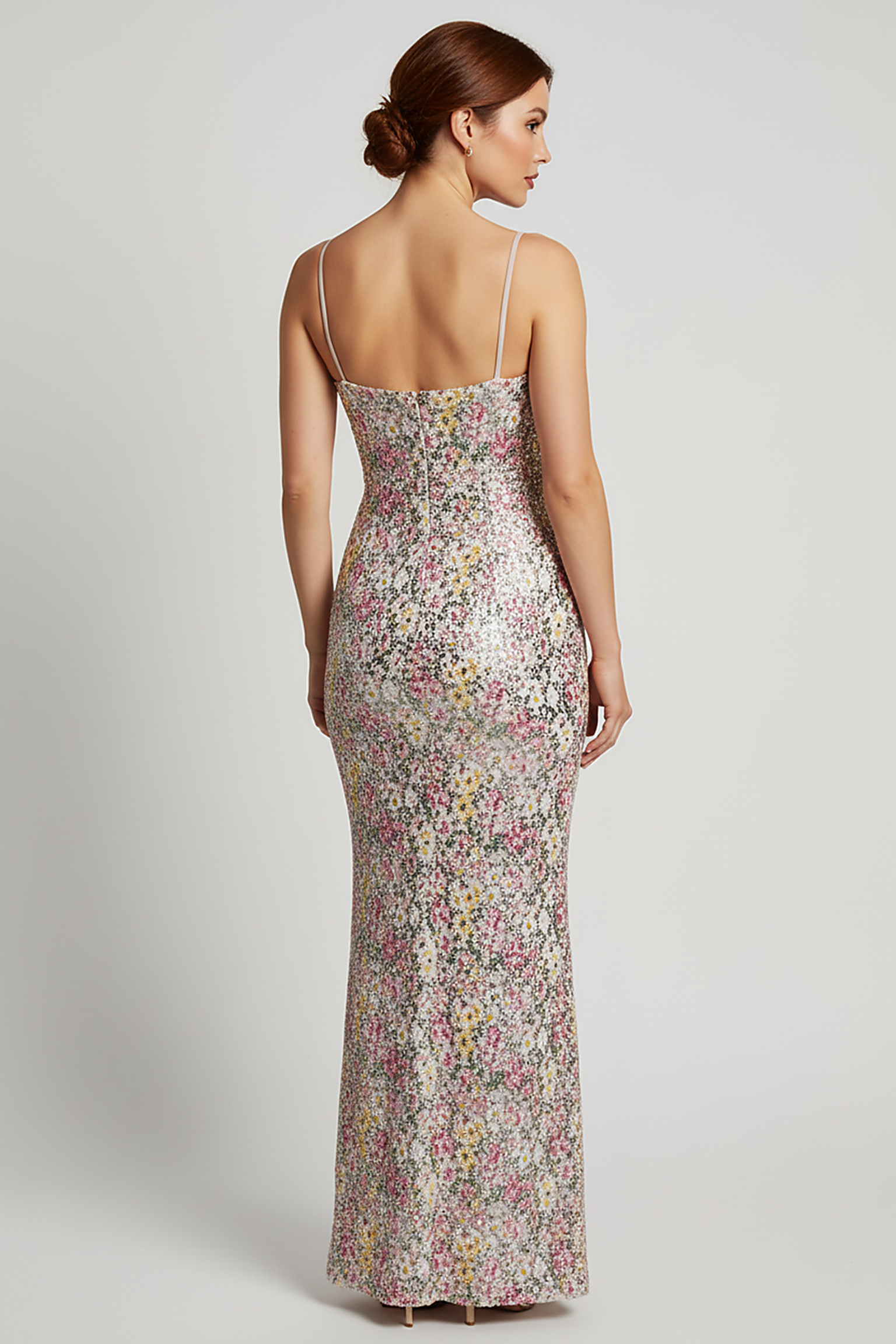 Strapless floral sequin patchwork maxi dress, full length view on model.