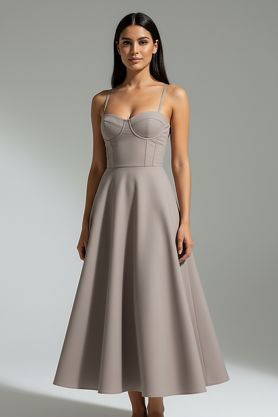 Navy midi dress, full length view, model walking.