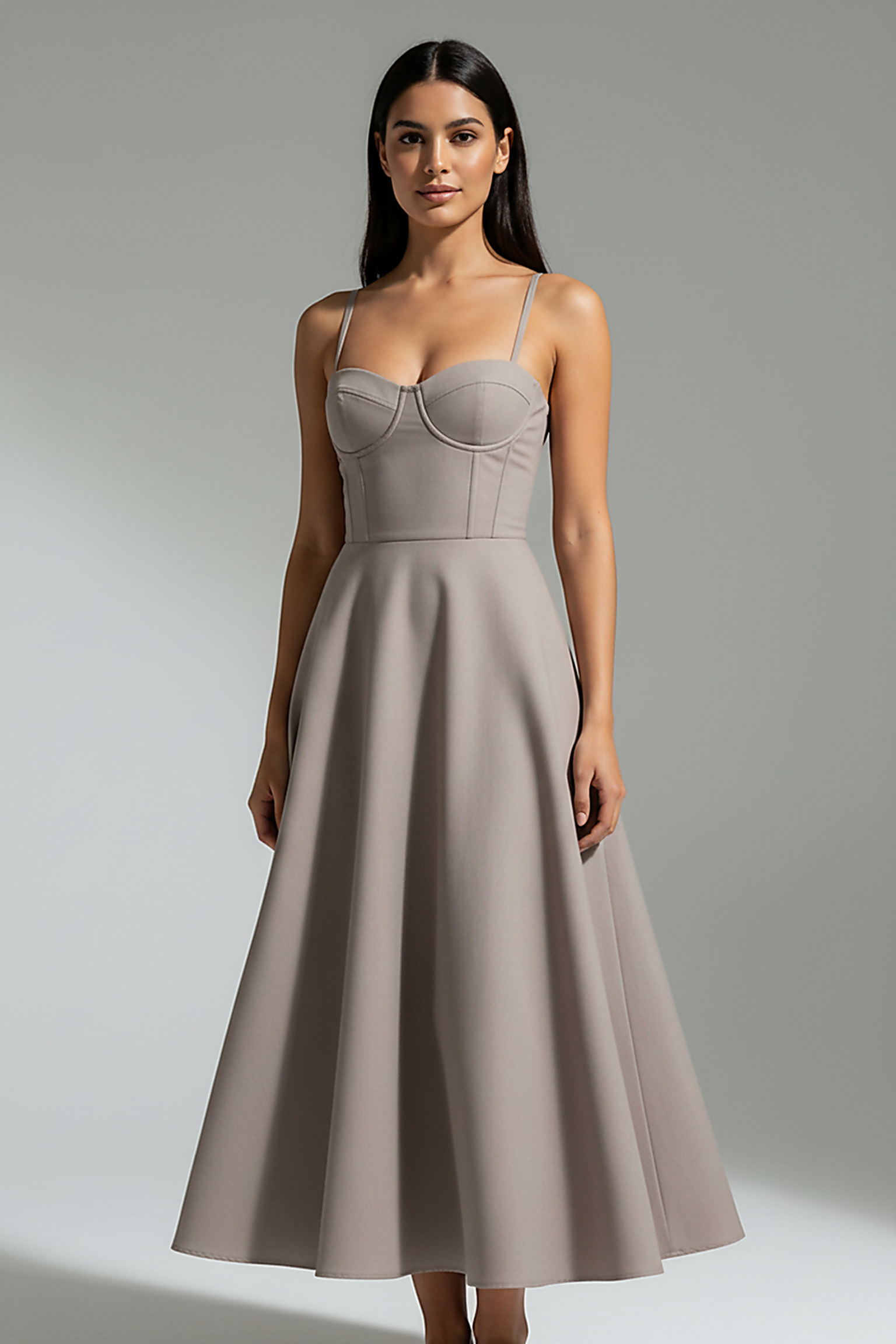 Navy midi dress, back view on model.