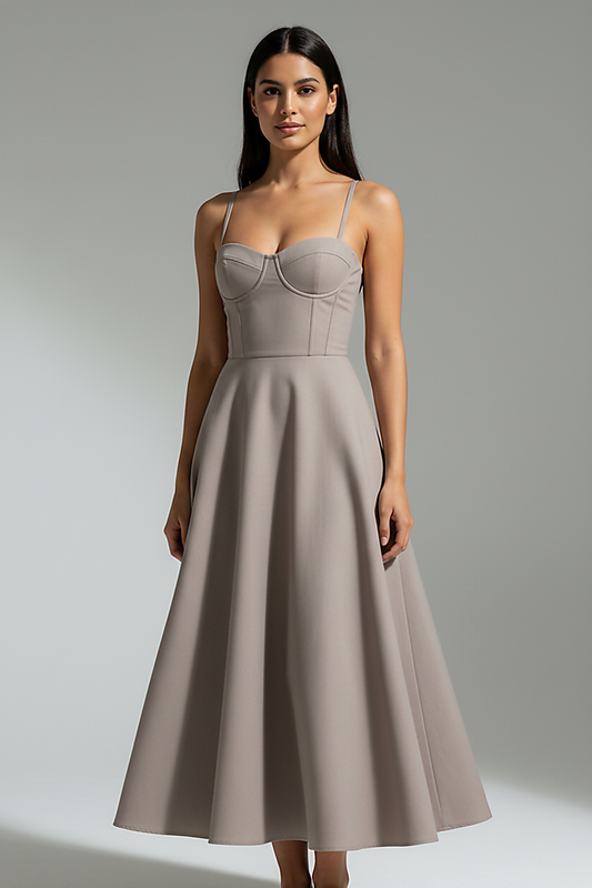 Navy midi dress, back view on model.