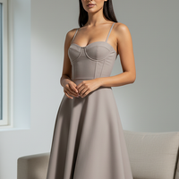 Navy midi dress, spaghetti strap and neckline detail.