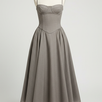 Navy midi dress, flowing A-line skirt detail.