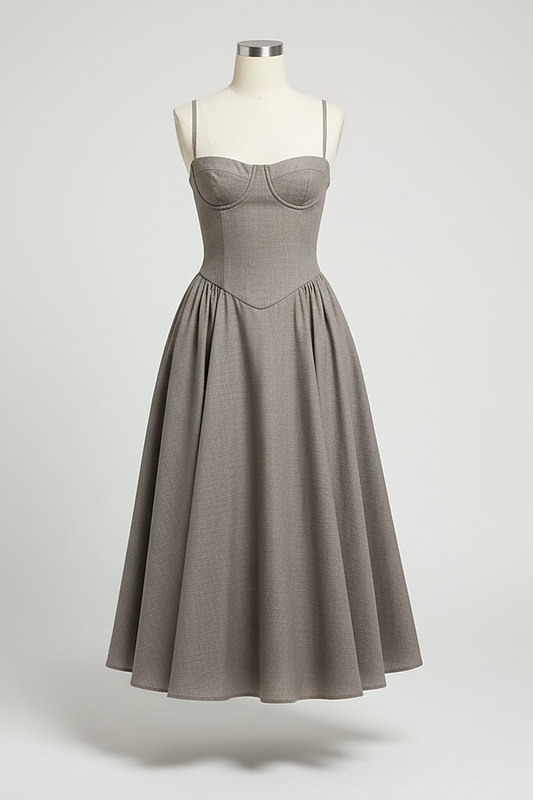 Navy midi dress, flowing A-line skirt detail.