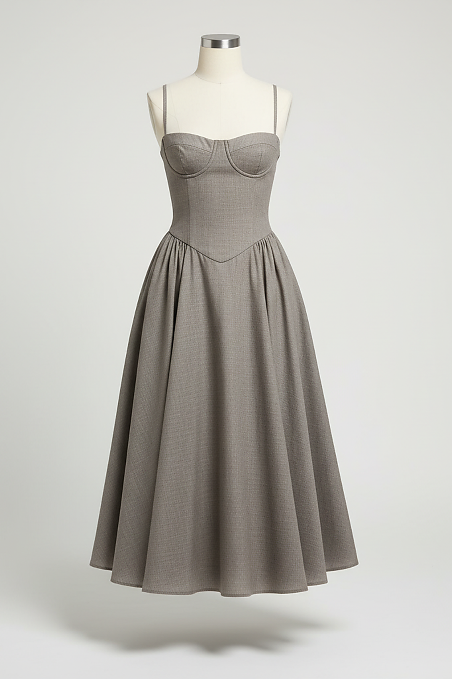 Navy midi dress, flowing A-line skirt detail.