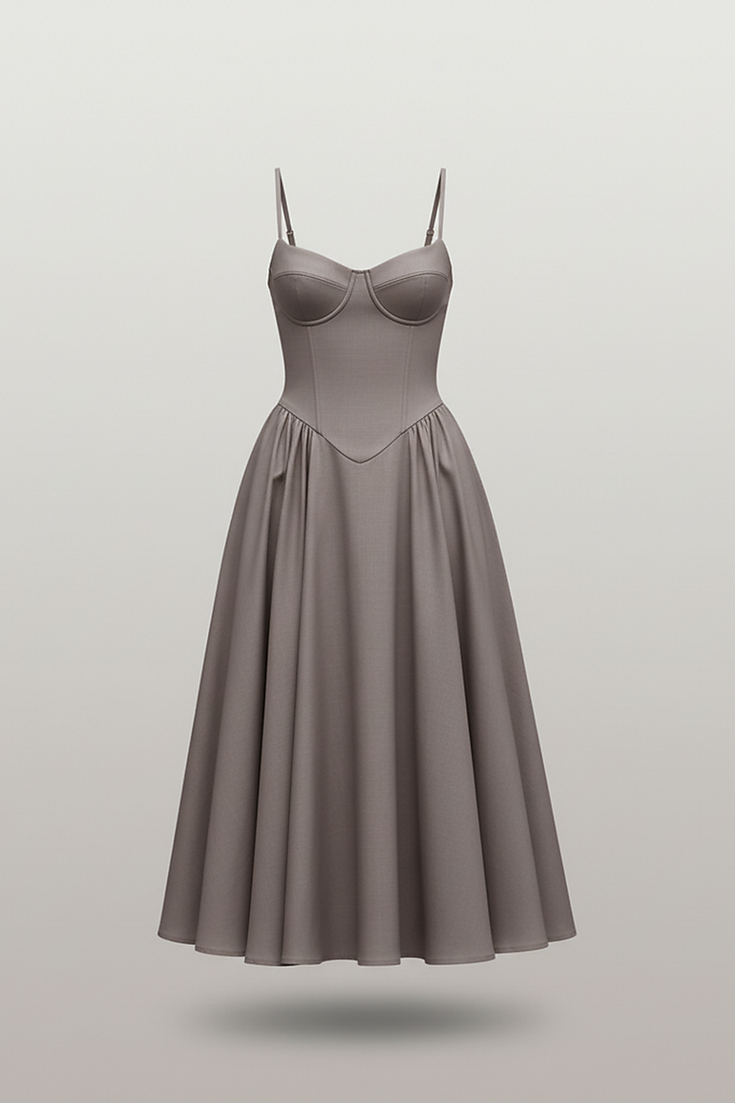 Navy midi dress, model from a slightly lower angle.