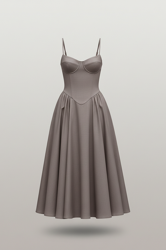 Navy midi dress, model from a slightly lower angle.