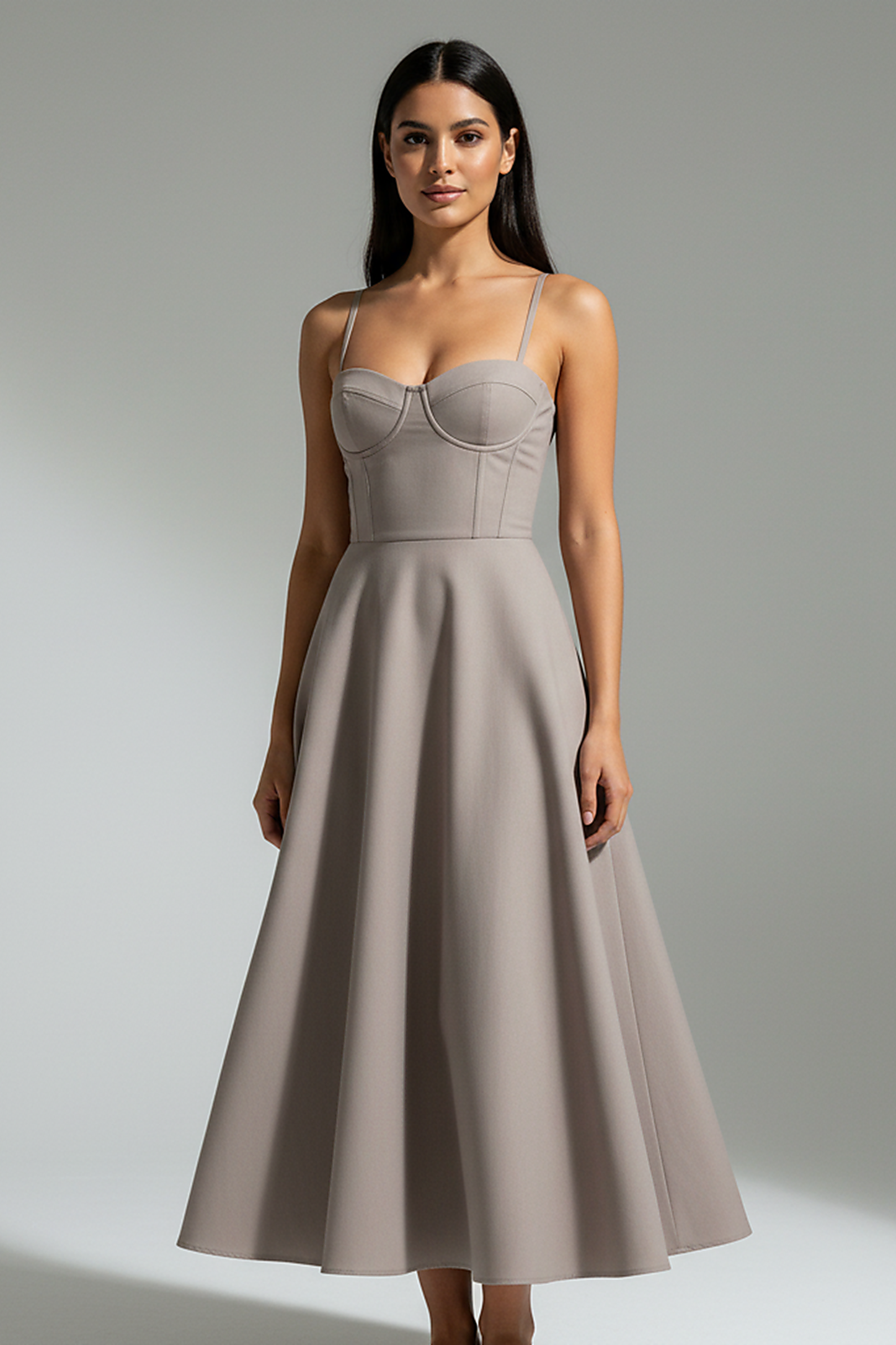 Navy midi dress, front view on model.