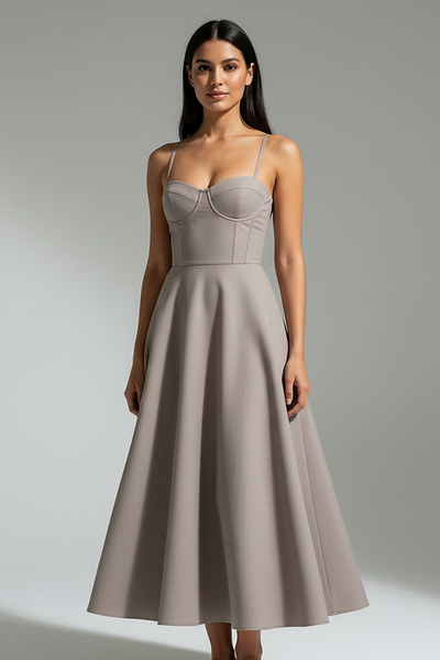 Navy midi dress, front view on model.