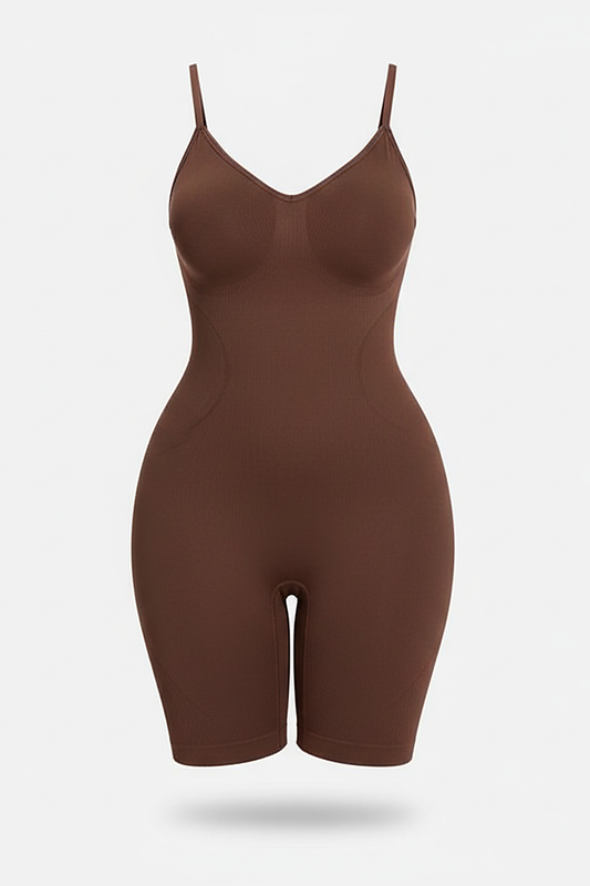 Nude tank shorts full-body shaper, close-up fabric detail.