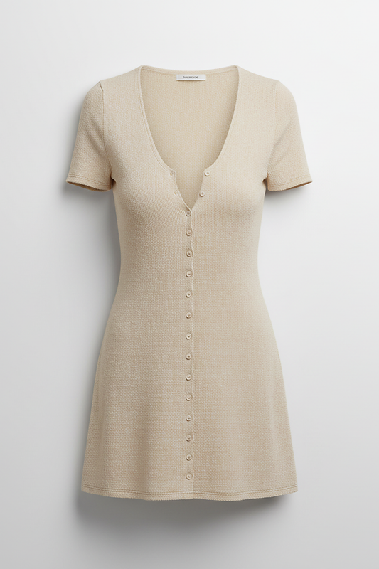 Beige knitted mini dress, front view on model.
