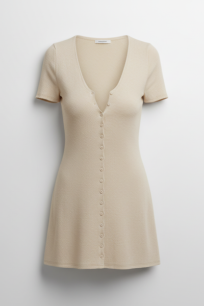 Beige knitted mini dress, front view on model.