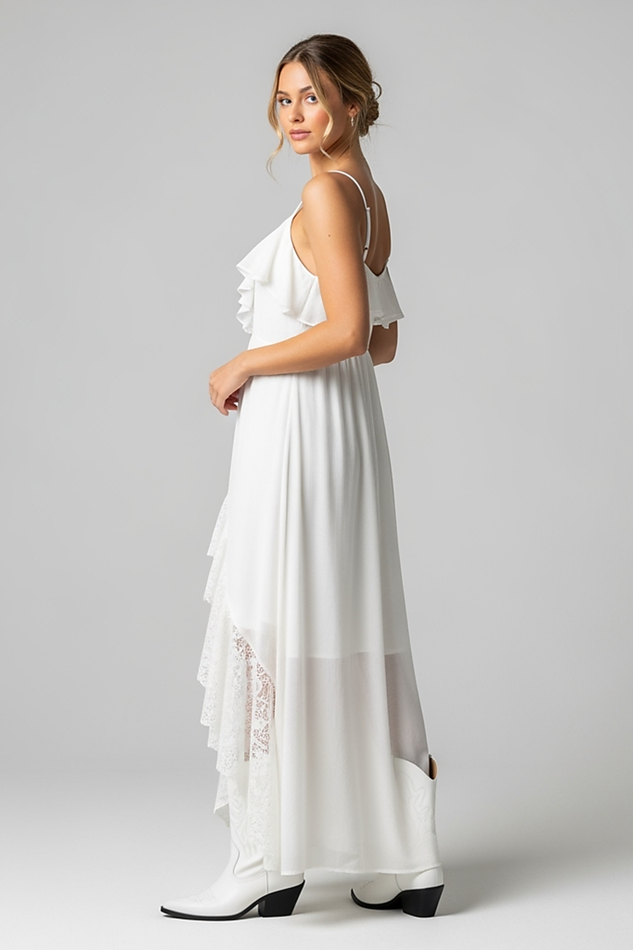 woman wearing champagne satin midi dress, front view, standing, hands relaxed