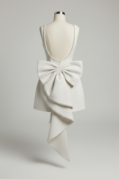 White mini dress backless design with pearl bow, close-up.