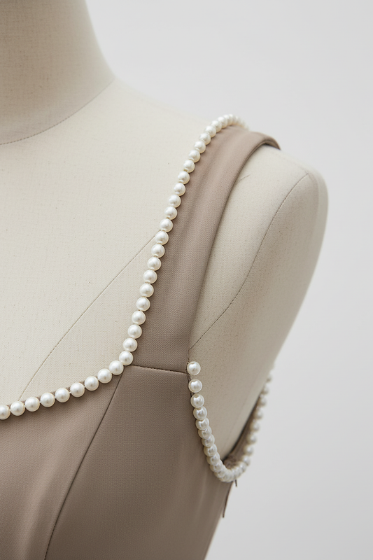 White mini dress with backless pearl bow, back view on model.