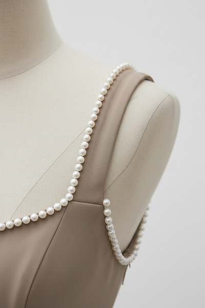 White mini dress with backless pearl bow, back view on model.