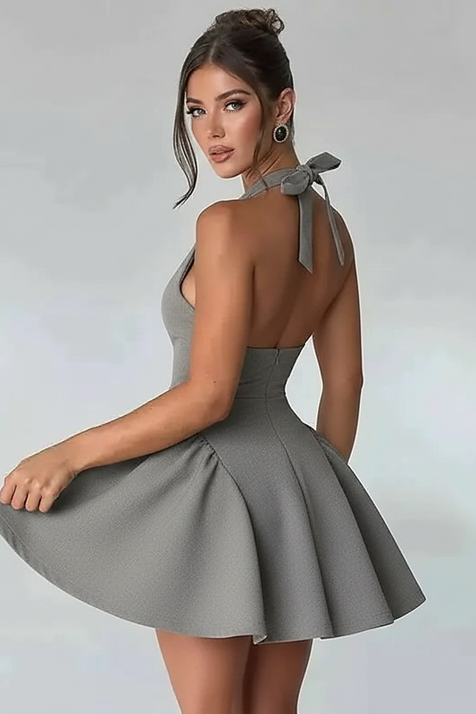 Halter backless waist wrap mini dress, front view on model.