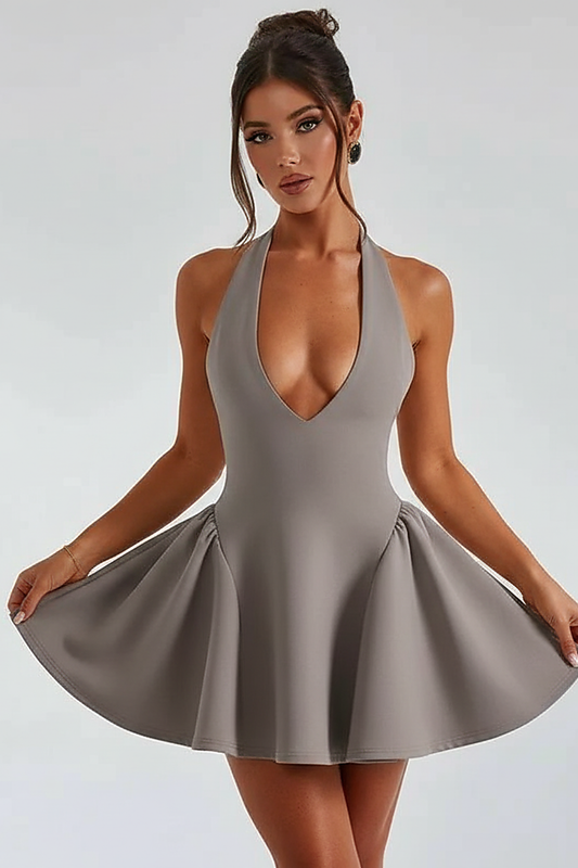 Halter V-neck backless pleated mini dress, front view on model.