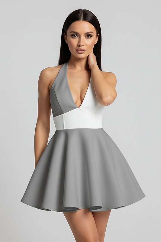 V-neck backless halter pleated mini dress, front view on model.