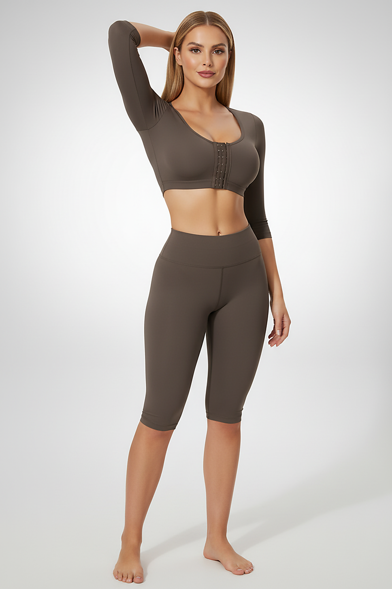 Upper arm compression shaper bra, post-surgery, alternate view.