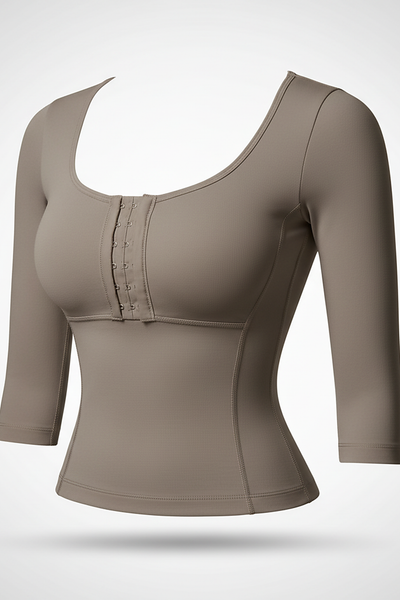 Upper arm compression top, front closure bra, detail view.