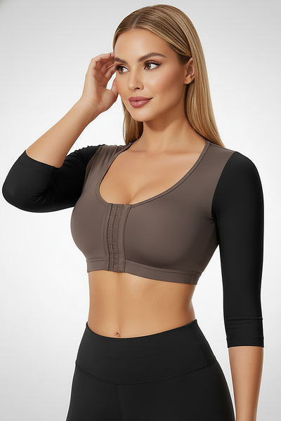 Upper arm compression shaper bra, post-surgery, alternate view.