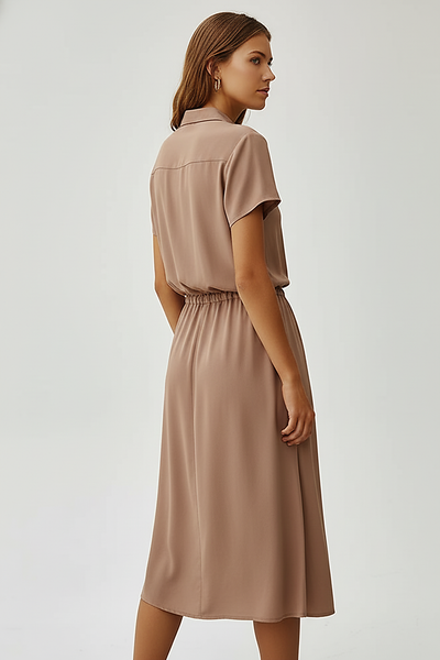 Vintage floral print dress, front view on model.