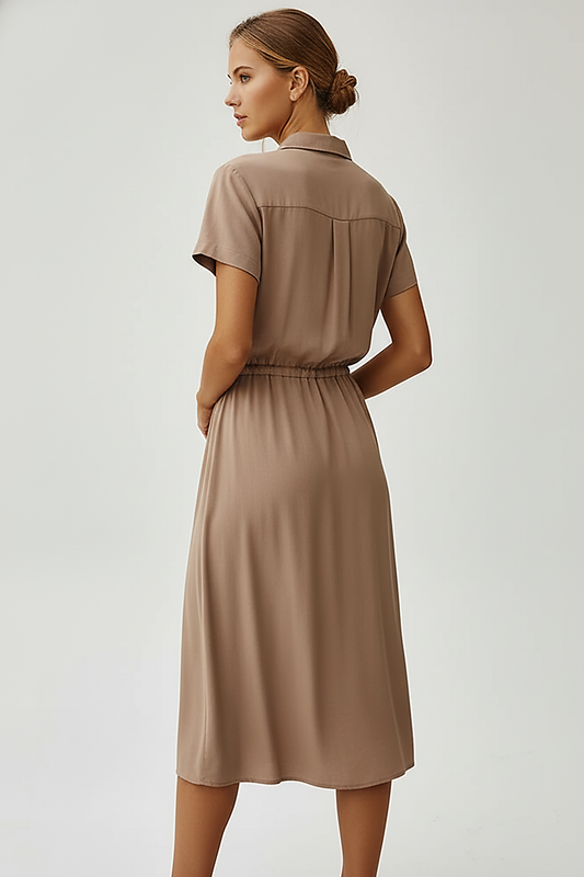 Vintage floral print dress, side view on model.