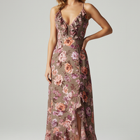 Floral print backless summer dress with tassel patchwork, back view on model.