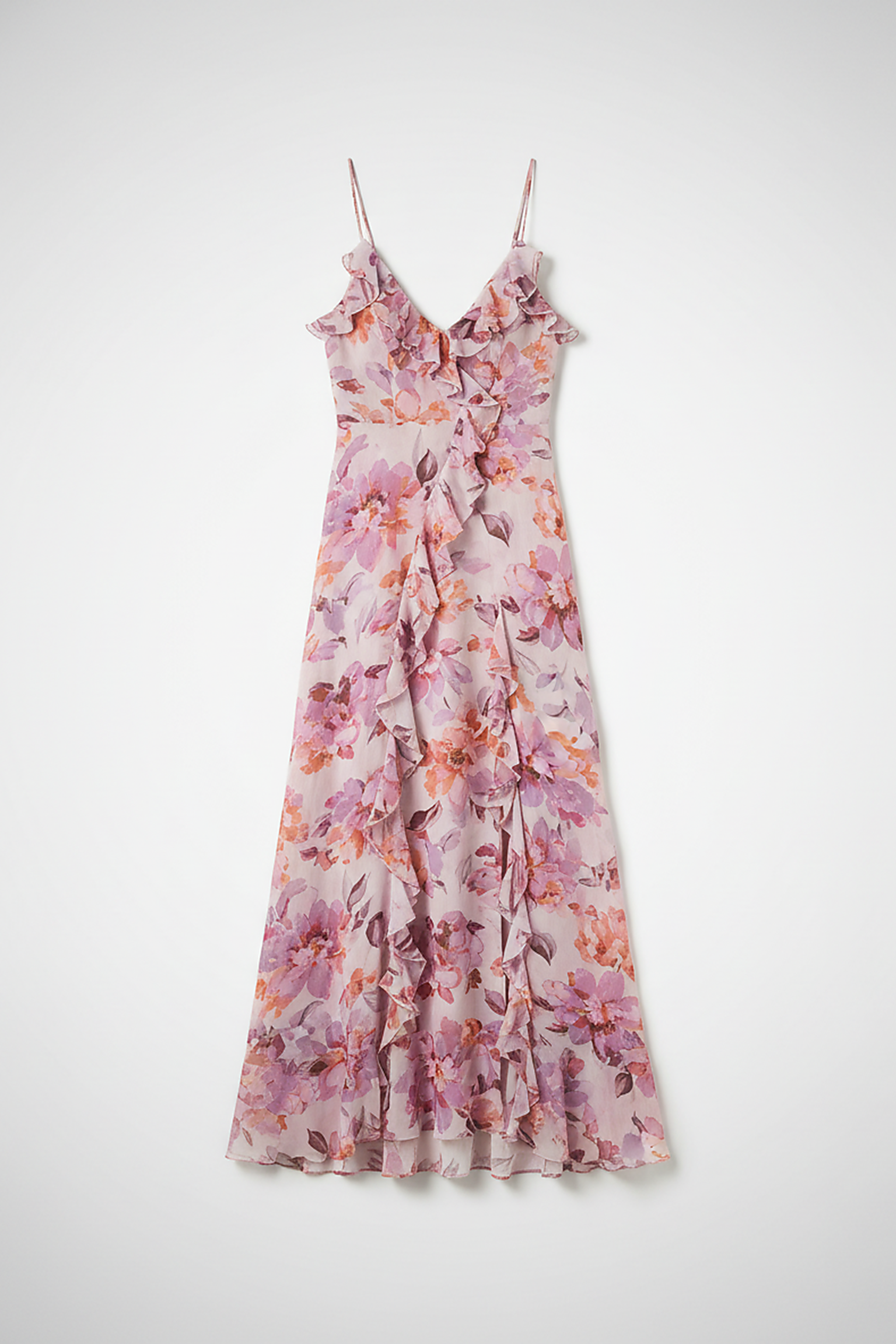Floral print strapless backless dress with patchwork tassel, on model.