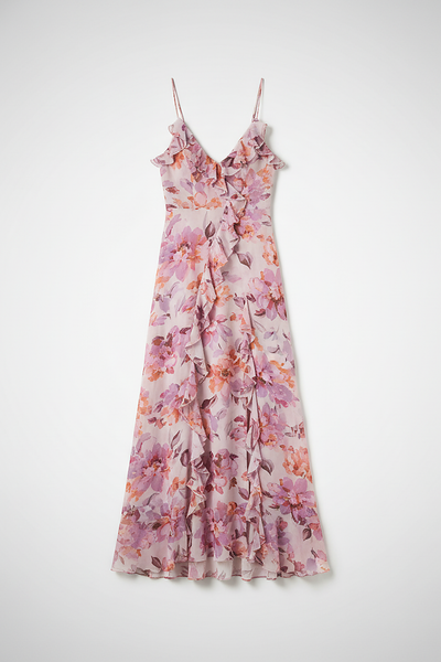 Floral print strapless backless dress with patchwork tassel, on model.