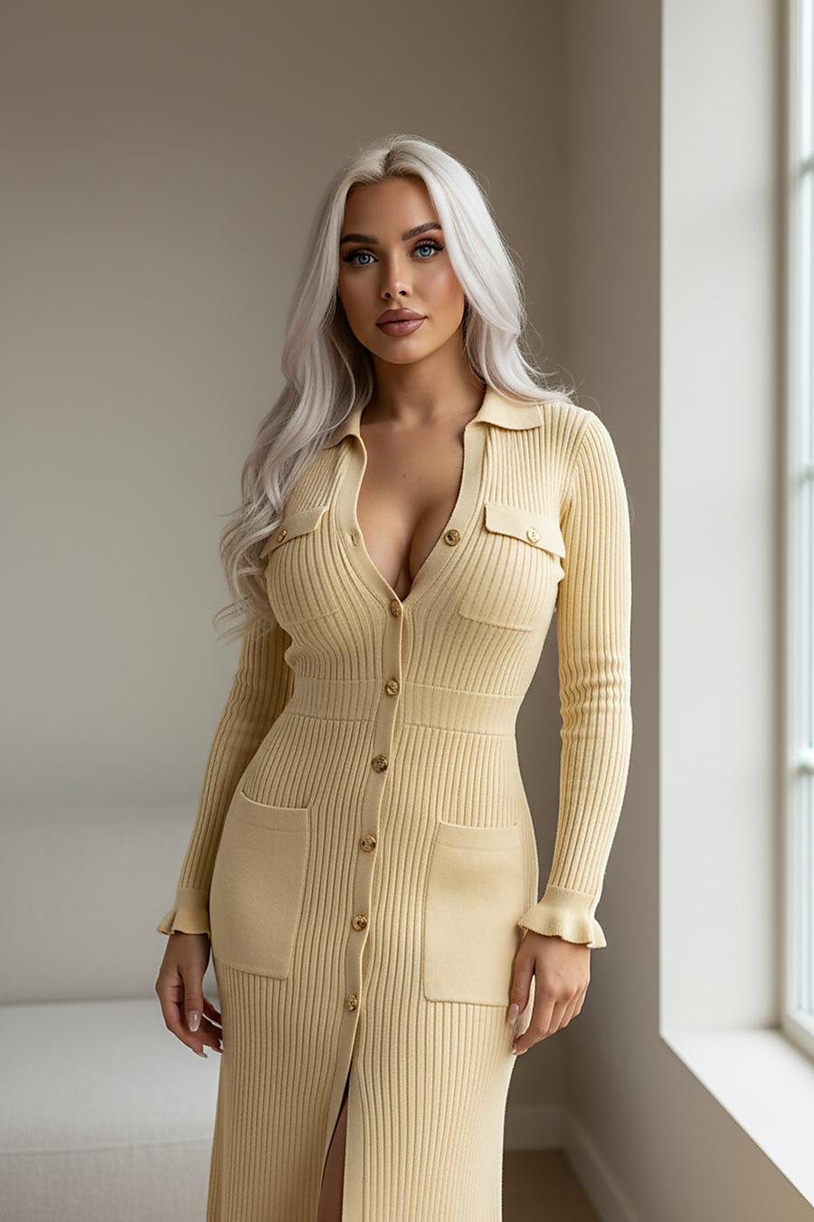 Chic knitted maxi dress with ruffles and button-front, front view on model.