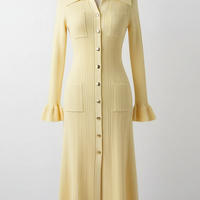 Chic ruffle single-breasted sweater dress, front view on model.