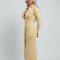 Elegant ruffle long-sleeve sweater dress, front view on model.