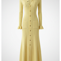 Fashionable ruffle knit maxi dress with button-front, front view on model.