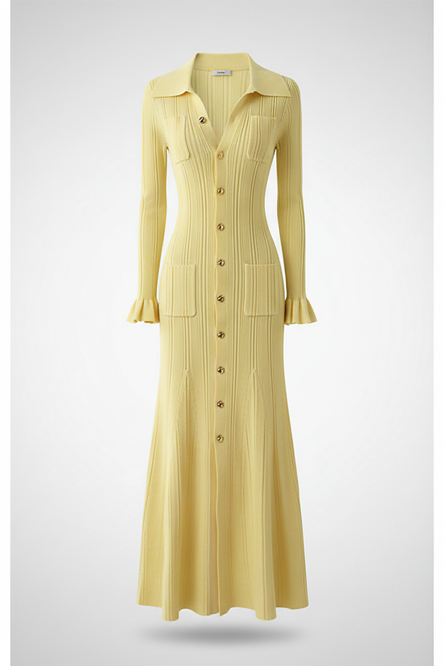 Fashionable ruffle knit maxi dress with button-front, front view on model.