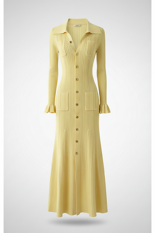 Fashionable ruffle knit maxi dress with button-front, front view on model.