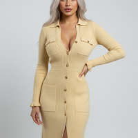 Chic long-sleeve ruffle knit maxi dress, front view on model.