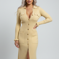 Winter knitted long-sleeve ruffle dress, front view on model.