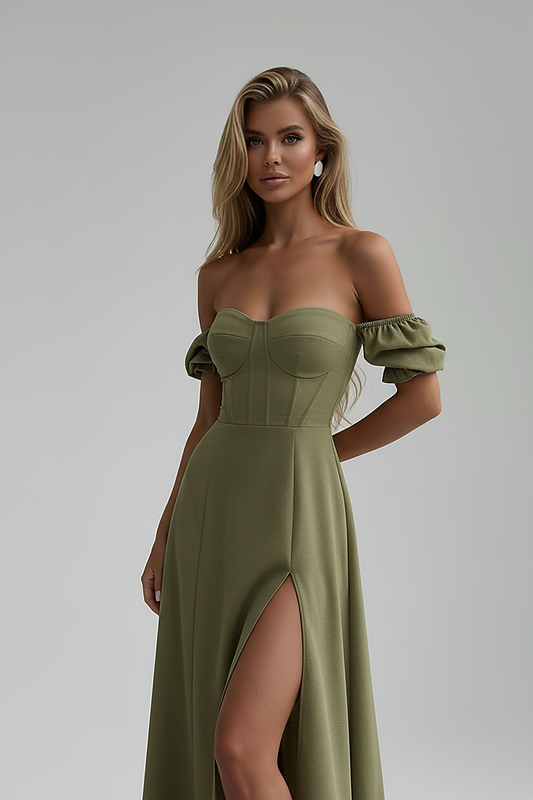 Floral off-shoulder maxi dress front view on model.