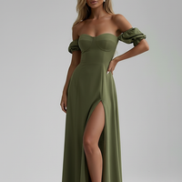 Floral off-shoulder maxi dress side view on model.