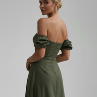 Floral off-shoulder maxi dress back view on model.